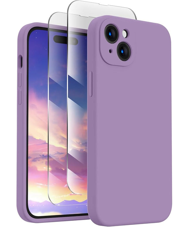 FireNova Designed for iPhone 15 Case, Silicone Upgraded [Camera Protection] Phone Case with [2 Screen Protectors], Soft Anti-Scratch Microfiber Lining Inside, 6.1 inch, Light Purple