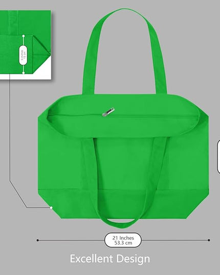 TOPDesign 1-Pack Canvas Tote Bag with an External Pocket, Reusable Grocery Shopping Bag, Top Zipper Closure, Daily Essentials (Lime Green)