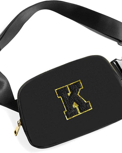 Gitus Belt Bag Fanny Pack Crossbody Bags with Initial Letter Patch Gifts for Wife Older Women Mother Coworker Bridesmaid Anniversary Travel Gifts Beach Gifts (Black-K)