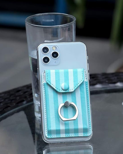 Cell Phone Card Holder RFID Ring Stand Stick on Wallet Card Holder for Back of Phone for iPhone Android and All Smartphones Green Striped