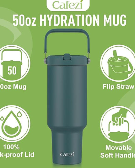 50 oz Insulated Tumbler with Straw, Stainless Steel Water Bottles with Flip Straw and Top Handle, Leak Proof Flip, No Sweat, Fits in Cup Holder, Vacuum Insulated Cup for Home, Outdoors, Car
