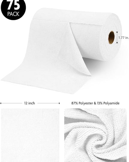 Fantasticlean Microfiber Cleaning Cloth Roll -75 Pack, Tear Away Microfiber Towels, 12" x 12", Reusable, Washable, Scratch Free, Ultra Absorbent Dishcloth for All-Around Cleaning Supplies (White)