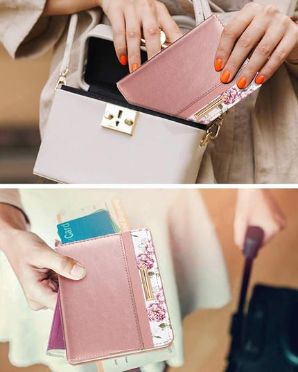 Passport Holder Cover Travel RFID Blocking Passport Cover Rose Gold Cute Flowers Passport Wallet with Elastic Band for Women
