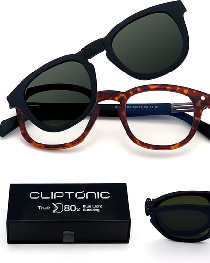 2-in-1 Magnetic Clip- On Blue Light Blocking Glasses Round Semi Cat-Eye Frame+Polarized UV400 Clip, TR90 Frame