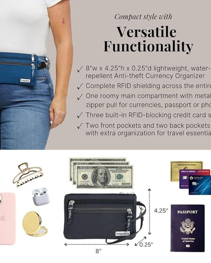 Baggallini Anti-theft RFID Currency Organizer 8"x4.25" Travel Accessory Passport Holder Money Belt Wallet w/Card Slots