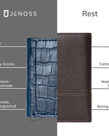 Jenoss Smart Wallet For Men: Full Grain Leather, Handcrafted, Slide Metal Pop Up Case, Slim RFID Blocking Credit Card Holder, Minimalist, Compact, 6-8 Cards Organizers, Front Pocket, Money Clip (Navy)