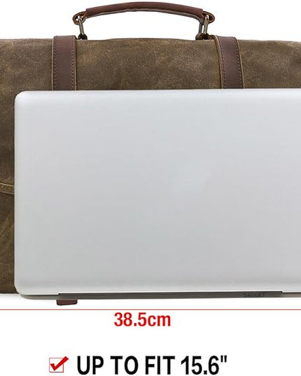 Mens Messenger Bag 15.6 Inch Waterproof Vintage Genuine Leather Waxed Canvas Briefcase Large Leather Computer Laptop Bag Rugged Satchel Shoulder Bag, Coffee