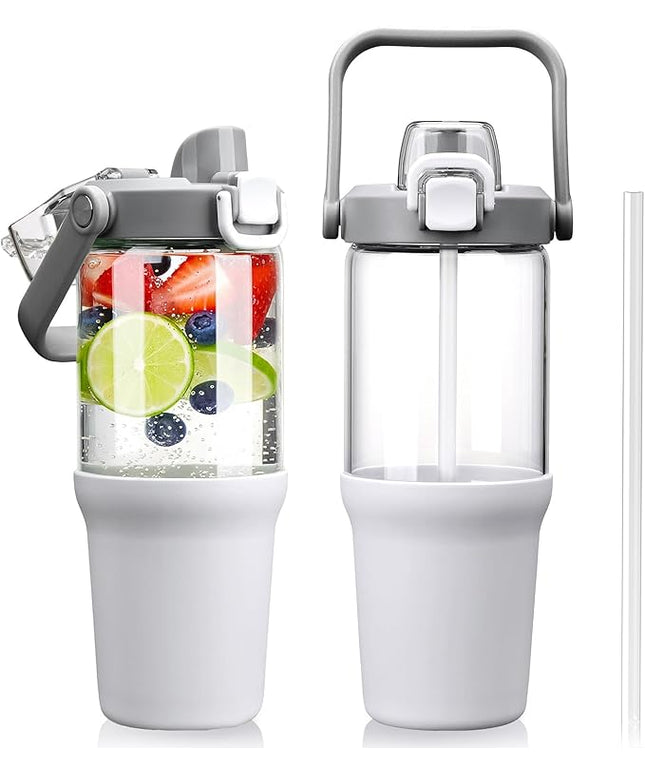 Glass Tumbler with Carry Handle, Clear Glass Water Bottle with Leakproof Lid, Spout Lid&Straw, BPA-Free, 32 oz, White