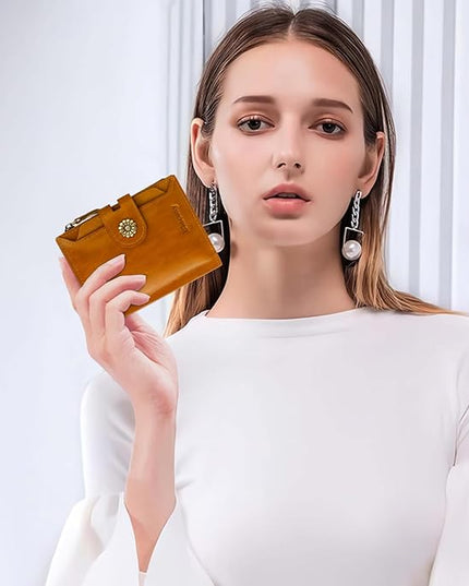 Blucoay Leather Wallet Women,RFID Blocking Womens Wallet Bifold Compact Card Holder Small Wallet for Women with Removable ID Window LightBrown