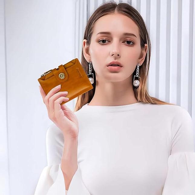 Blucoay Leather Wallet Women,RFID Blocking Womens Wallet Bifold Compact Card Holder Small Wallet for Women with Removable ID Window LightBrown