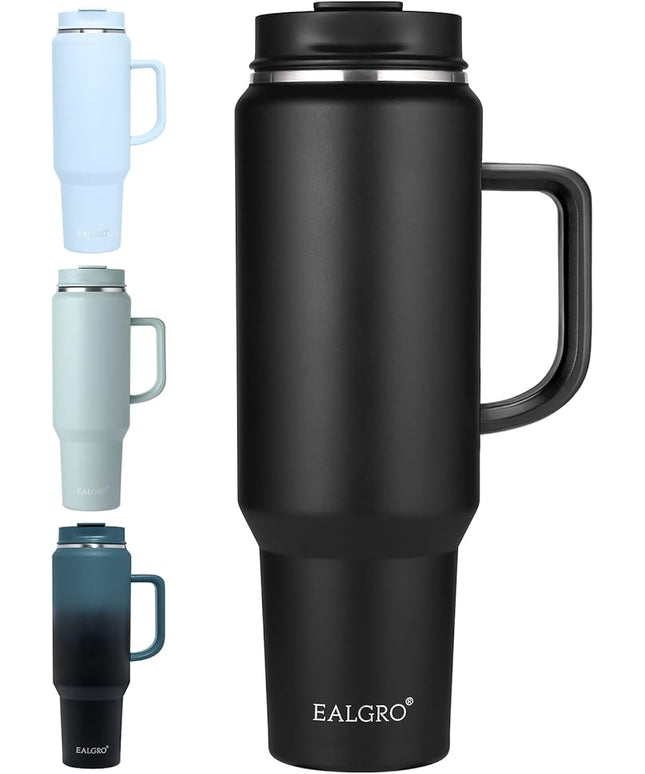 50 oz Tumbler with Handle, Insulated Tumblers with Lid and Straw, Large Metal Sports Water Bottle Jug, Thermal Stainless Steel Travel Coffee Mug Cup, Black