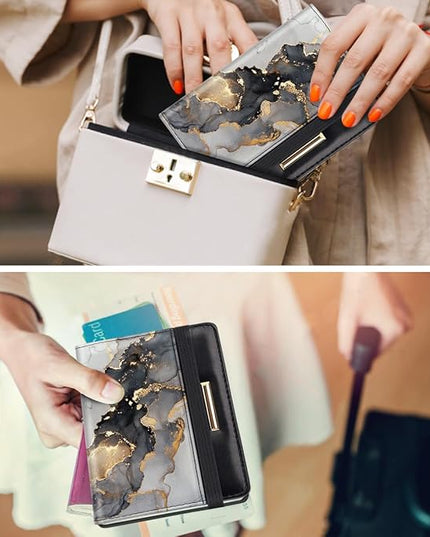 Passport Holder Cover Travel RFID Blocking Passport Cover Rose Gold Cute Flowers Passport Wallet with Elastic Band for Women