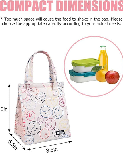 Fmeida Insulated Lunch Bag Women, 6.75L Small Lunch Bags with Multiple Pockets, Reusable Thermal Cooler Tote for Work, Office, Picnic, Travel | Hook and Loop Closure, Smile Face