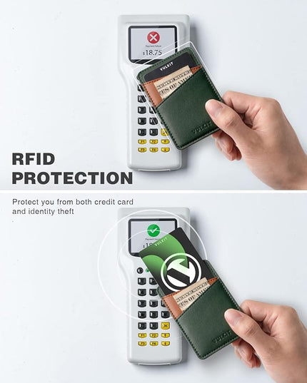 VULKIT Phone Card Holder Wallet Leather Adhesive Pocket RFID Blocking Credit Card Sleeves Stick Back of Phone Smartphones Green