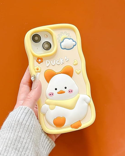 Case Compatible with iPhone 13,Cute 3D Kawaii Funny Scarf Duck Cartoon Cover with Keychain Soft Silicone Gel Drop Protector Women Girls
