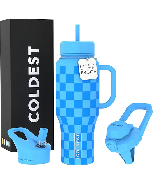 Coldest Tumbler with Handle and Straw - 100% Leak Proof Insulated Tumbler with Lid and Straw (3 Lids) - Stainless Steel Tumblers for Women & Men - Cup Holder Friendly Base, 36 oz (Blue Checkers)