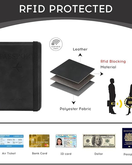 ILIYAH-Passport Cover-Passport Holder Travel Wallet-RFID Blocking Passport Case Travel Accessories Card Holder Wallet Unisex Travel Gifts(Black)