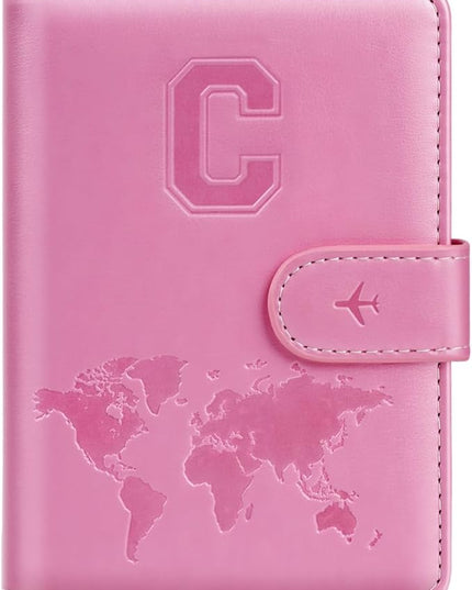 Passport Holder Cover Initail Letter A-Z Travel Wallet Embossed Design RFID Blocking Card Holder Personalized Gift Passport Cover Wallet, Passport Book Holders for Women and Girls, Pink-C