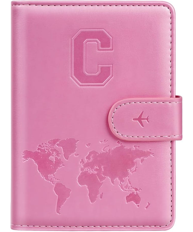 Passport Holder Cover Initail Letter A-Z Travel Wallet Embossed Design RFID Blocking Card Holder Personalized Gift Passport Cover Wallet, Passport Book Holders for Women and Girls, Pink-C