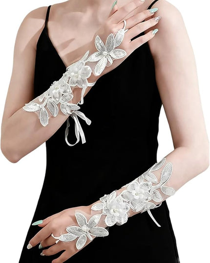 Floral Lace Fingerless Gloves,Women's Length Gloves,White Beadwork Brides Hand Sleeve for Wedding Opera Tea Party
