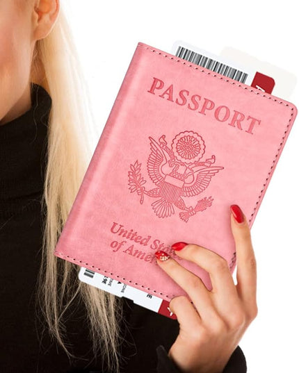 Eoehro Passport and Vaccine Card Holder, Faux Leather, AI-pink, Compact, Lightweight, Waterproof