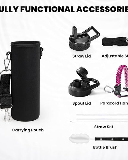 Insulated Water Bottle 24oz, Triple Wall Vacuum Stainless Steel (Cold for 48 Hrs, Hot for 24Hrs), Leak Proof & Non-BPA, 24oz Hydro Water Flask with Paracord Handle & Straw Spout Lids