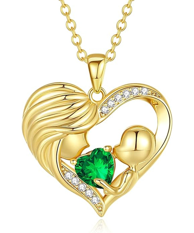 FANCIME Mom Birthstone Necklace Mother and Child Love Heart Necklace I Love You Mom Gifts Mothers Day Birthstone Jewelry Gifts for Grandmother Women Wife, 16"+2" Inches