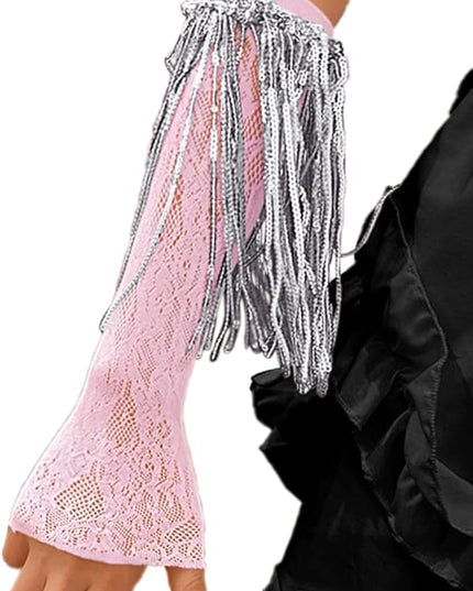 Sequin Fringe Gloves,Fingerless Lace Arm Sleeves For Women,Sparkly Rave Party Costume Fits US 0-8