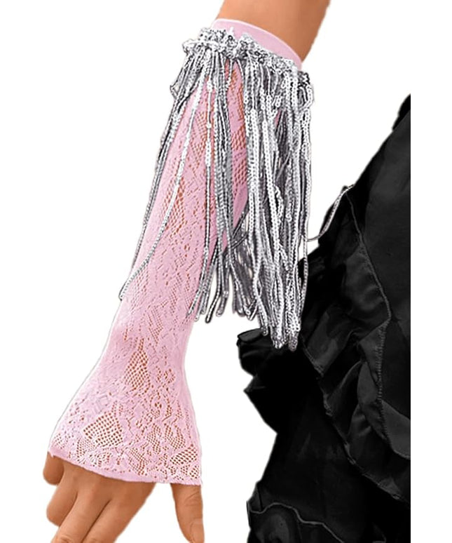 Sequin Fringe Gloves,Fingerless Lace Arm Sleeves For Women,Sparkly Rave Party Costume Fits US 0-8