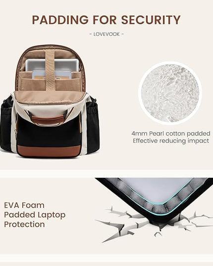 LOVEVOOK Laptop Backpack for Women with Pouch Pocket for Large Capacity Cup,15.6 Inch Teacher Nurse College Work Backpack Purse,Waterproof Laptop Bag Computer Back Pack for Travel, Khaki-Coffee-Black