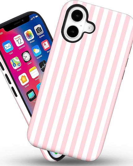 Magnetic for iPhone 16 Plus Case Cute Stripes Phone Case, Shockproof Slim TPU and Hard PC Protective Phone Cover Compatible with MagSafe Designed for Women Girls, Pink and White