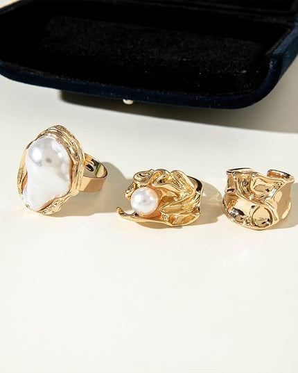 Chunky Gold Rings for Women Non Tarnish Statement Flower Ring Baroque Pearl Stackable Rings Set 6Pcs Chunky Jewelry