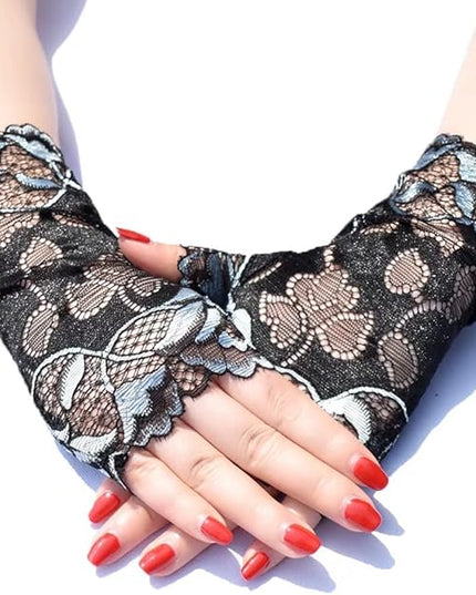Women's Short Lace Gloves Fingerless for Driving Wedding Wrist Length Bridal Prom Gloves