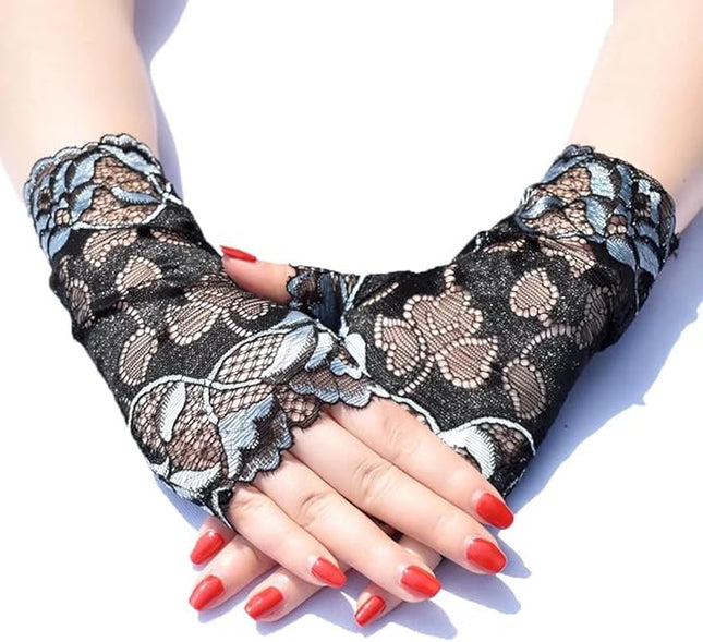 Women's Short Lace Gloves Fingerless for Driving Wedding Wrist Length Bridal Prom Gloves