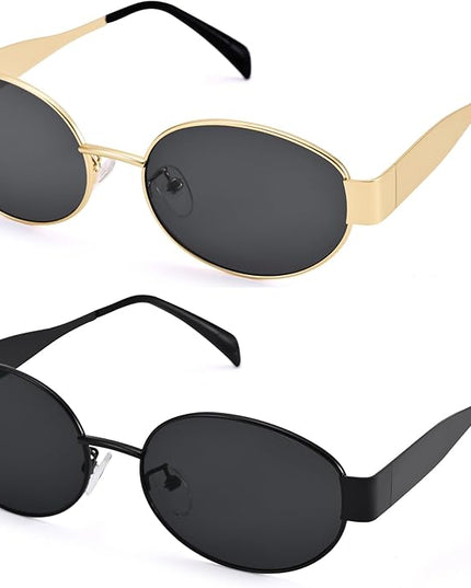Retro Oval Sunglasses for Women Men - Trendy Gold Sun Glasses - Fashion Metal Frame Shades