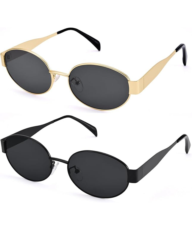 Retro Oval Sunglasses for Women Men - Trendy Gold Sun Glasses - Fashion Metal Frame Shades
