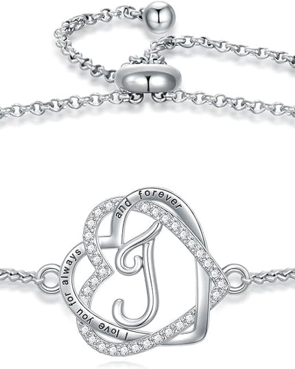 TOUPOP Gifts for Women Heart Initial Bracelet 925 Sterling Silver Double Heart Bracelet Birthday Jewelry Birthday Christmas Gifts for Her Wife Girlfriend
