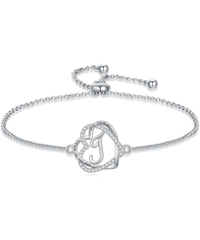 TOUPOP Gifts for Women Heart Initial Bracelet 925 Sterling Silver Double Heart Bracelet Birthday Jewelry Birthday Christmas Gifts for Her Wife Girlfriend