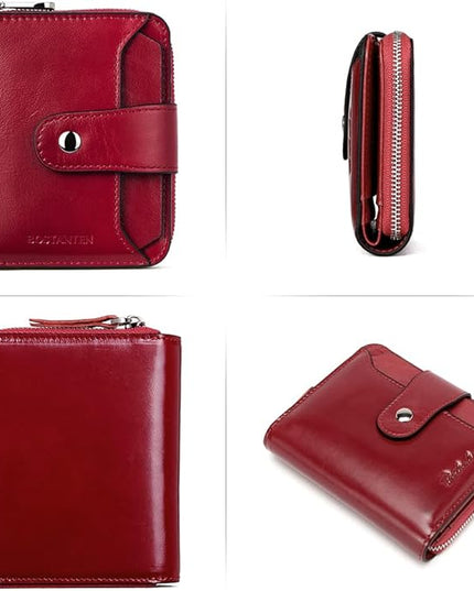 BOSTANTEN Leather Wallets for Women RFID Blocking Zipper Pocket Small Bifold Wallet Card Case Wine Red
