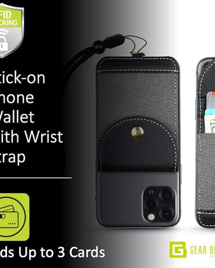 Cell Phone Wallet for Back of Phone with Wrist Strap, Stick On Wallet Credit Card ID Holder with RFID Protection Compatible with iPhone, Galaxy & Most Smartphones and Cases