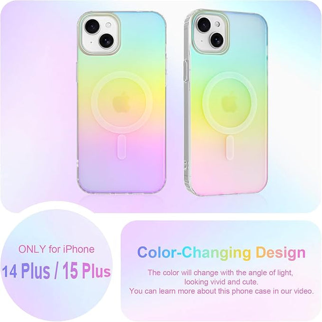 Cute Case for iPhone 14 Plus & iPhone 15 Plus Case for Women Girls [Compatible with Magsafe] Aesthetic Girly Glitter Rainbow Magnetic Protective Phone Cover, Translucent Iridescent Blue Pink