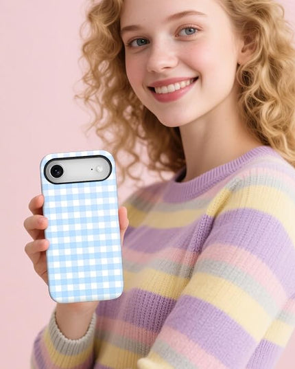 Magnetic for iPhone 17 Air Case Cute Checkered Stripes Phone Case for Women Girls, Shockproof Slim TPU and Hard PC Protective Phone Cover Compatible with MagSafe Designed, Blue