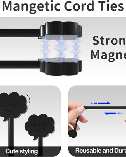 SOOOEC Black Magnetic Cable Ties, 20 Pack 7.2" Magnetic Cord Ties Cute Cloud Design, Silicone Magnetic Ties for Cord Organizer, Black Color.