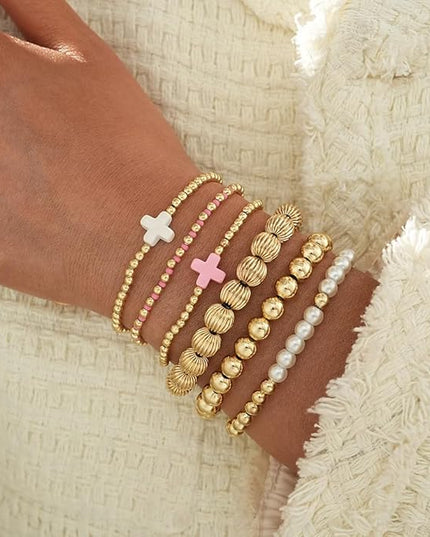 Gold Beaded Bracelets for Women, 14K Real Gold Plated Jewelry for Women Dainty Pearl Bead Bracelets Stack, Non Tarnish Trendy Stackable Ball Cross Stretch Bracelet Set Fashion Accessories Gifts