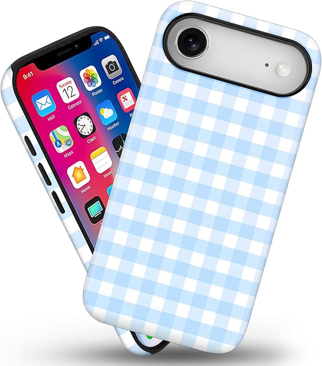 Magnetic for iPhone 17 Air Case Cute Checkered Stripes Phone Case for Women Girls, Shockproof Slim TPU and Hard PC Protective Phone Cover Compatible with MagSafe Designed, Blue