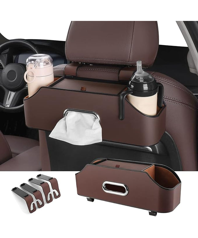 HOLDCY Car Back Seat Organizer with 2 Drink Cup Holder - Tissue Box and Storage Box Hook - Multi-functional Storage - Great for Kids and Travel (Brown)