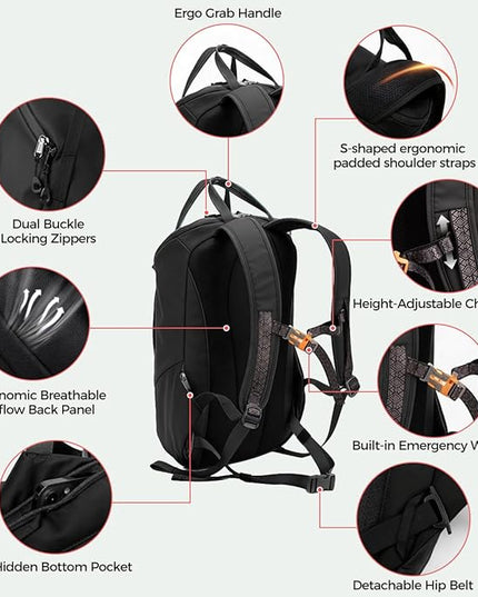 INUK Laptop Backpack for College Students & Work, 25L Lightweight Waterproof Backpack for Business Travel, Hiking Daypack with Padded Sleeve and Safety Whistle, Made from Recycled Materials，Black