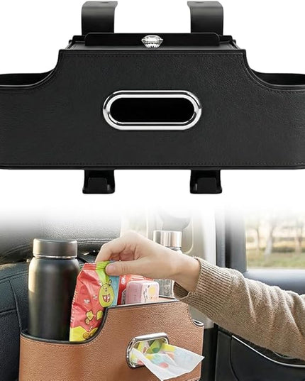 3-in-1 Back Seat Car Organizer, Car Seat Back Storage Box with Dual Cup Holders, Tissue Box, Trash Bin and Hooks, Multifunctional Back Seat Car Organizer for Travel and Daily Driving (Black)
