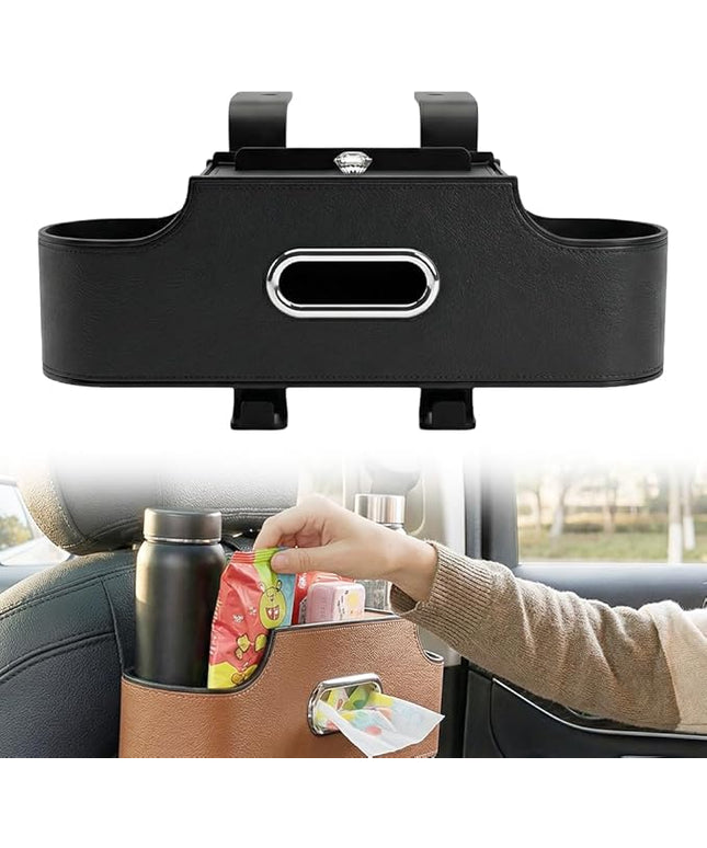 3-in-1 Back Seat Car Organizer, Car Seat Back Storage Box with Dual Cup Holders, Tissue Box, Trash Bin and Hooks, Multifunctional Back Seat Car Organizer for Travel and Daily Driving (Black)