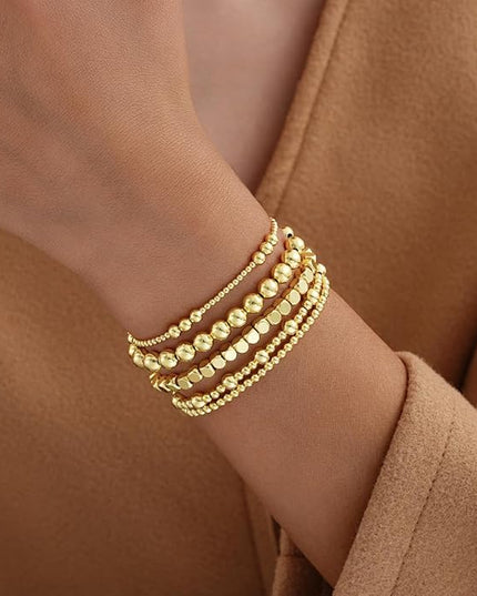 Gold Beaded Bracelets for Women, 14K Real Gold Plated Jewelry for Women Dainty Pearl Bead Bracelets Stack, Non Tarnish Trendy Stackable Ball Cross Stretch Bracelet Set Fashion Accessories Gifts